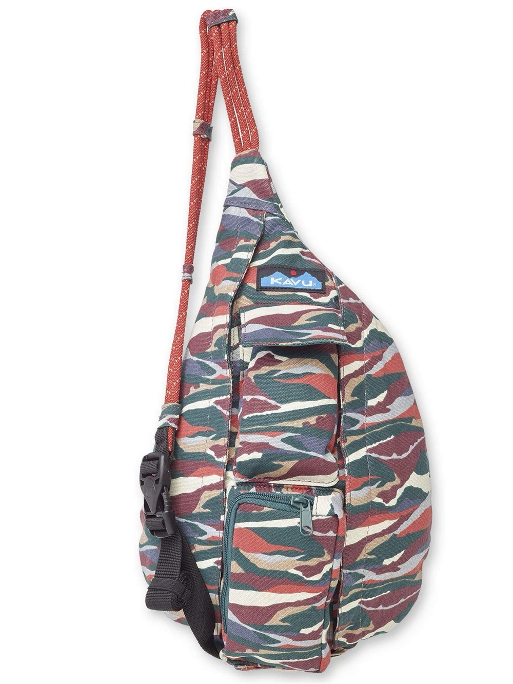 Kavu Multicolor Camo Sling Pack with Red Rope Strap